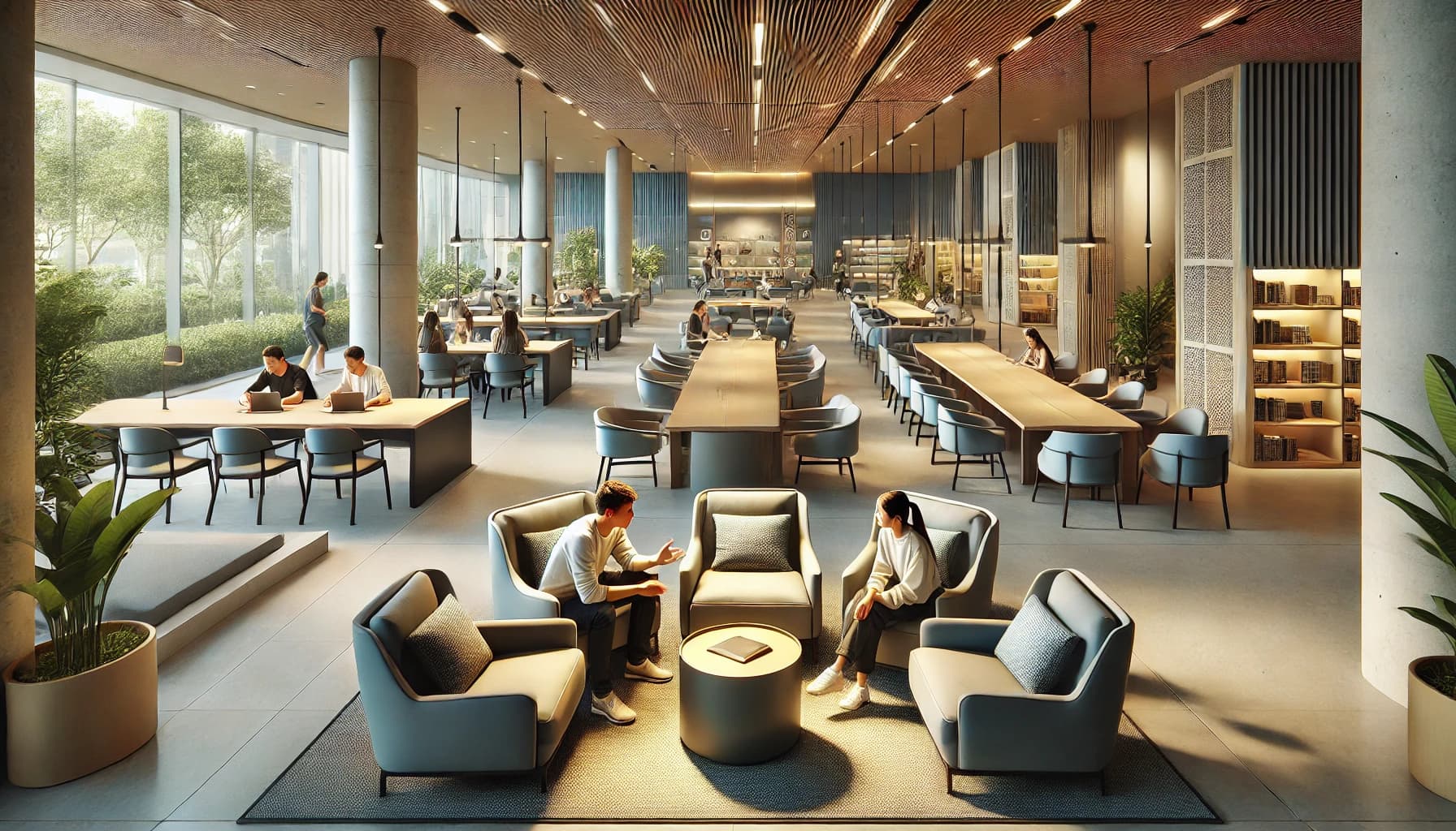 DALL·E 2025-03-06 14.33.42 - A realistic illustration of a well-designed rest area in a library or university, promoting relaxation and conversation. In the foreground, comfortabl